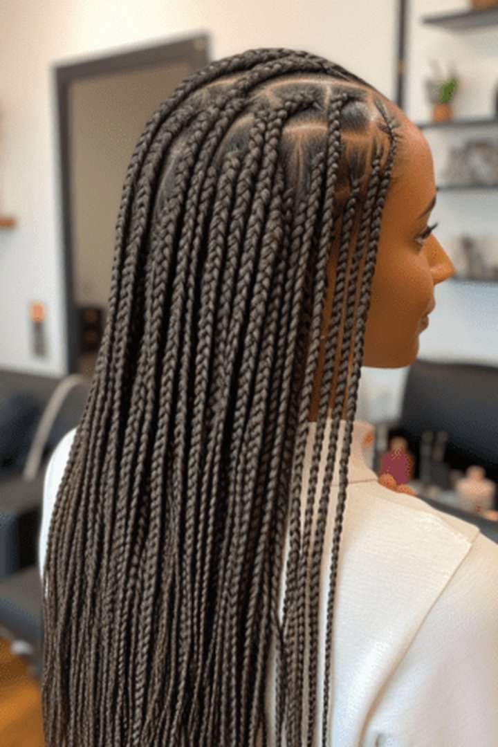 Classic long knotless braids hairstyles from the back, waist-length