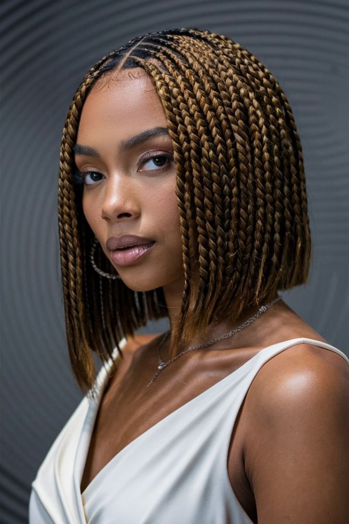 Knotless bob hairstyle with chin-length braids, front view