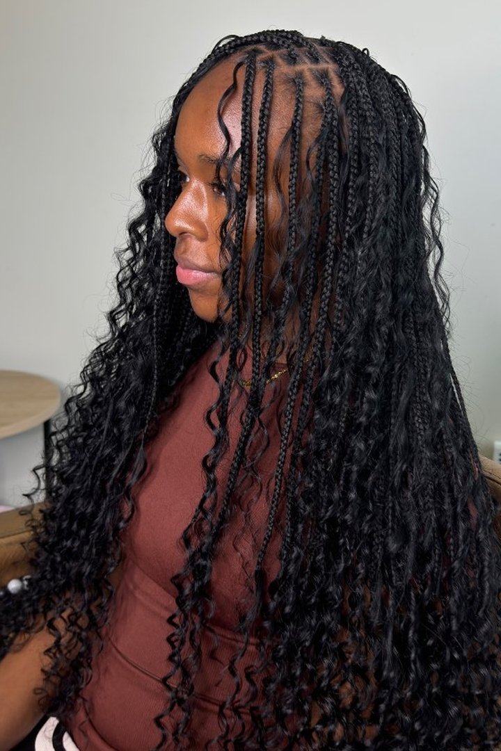Boho knotless braids hairstyles with curly ends