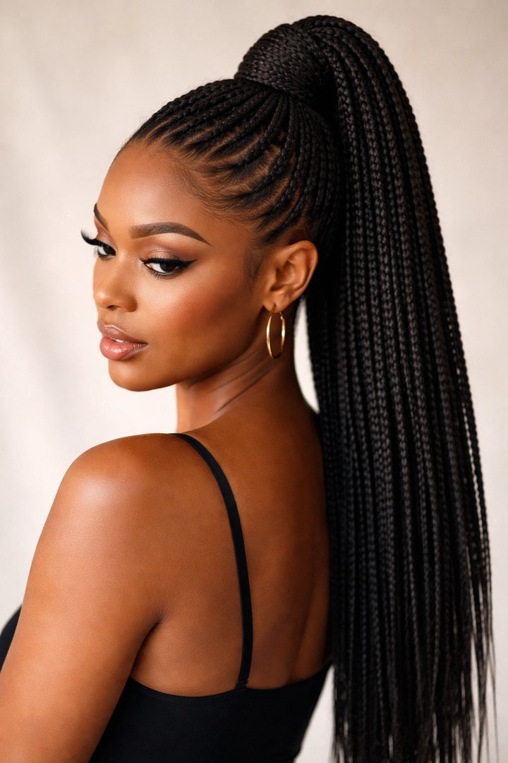 High ponytail knotless braids hairstyle