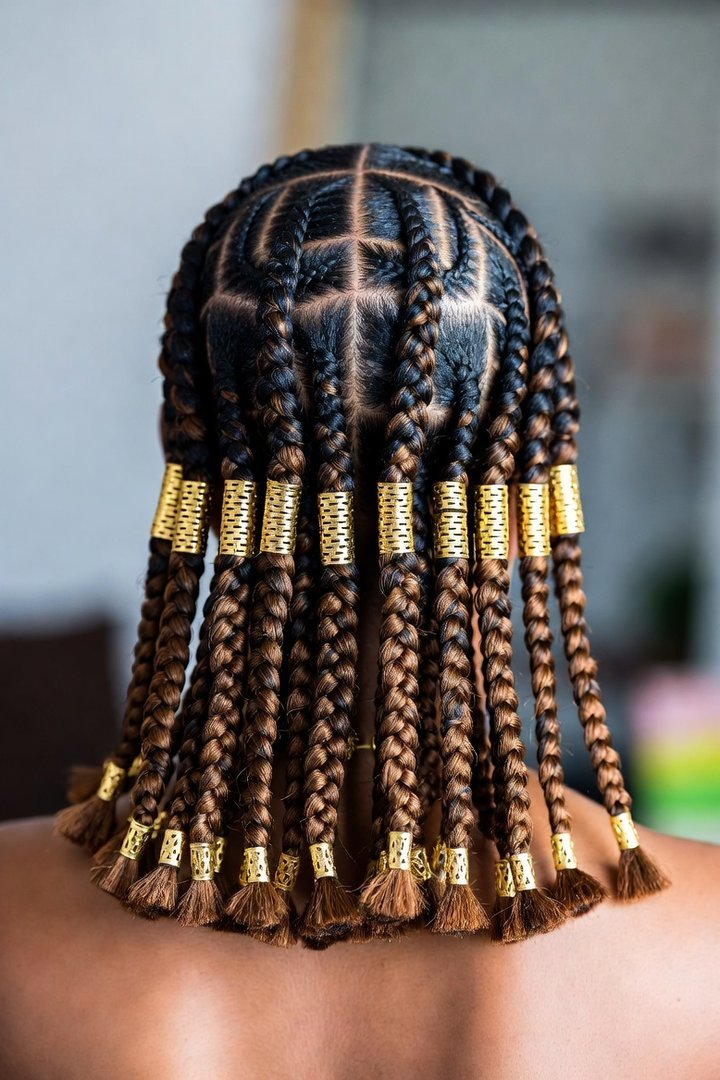 Knotless braids hairstyles with gold hair cuffs