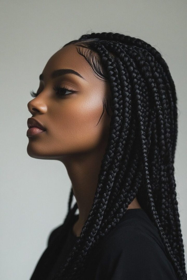 Medium length knotless braids hairstyle, bra-strap length