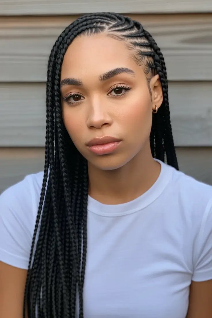 Side-swept knotless braids hairstyle over one shoulder