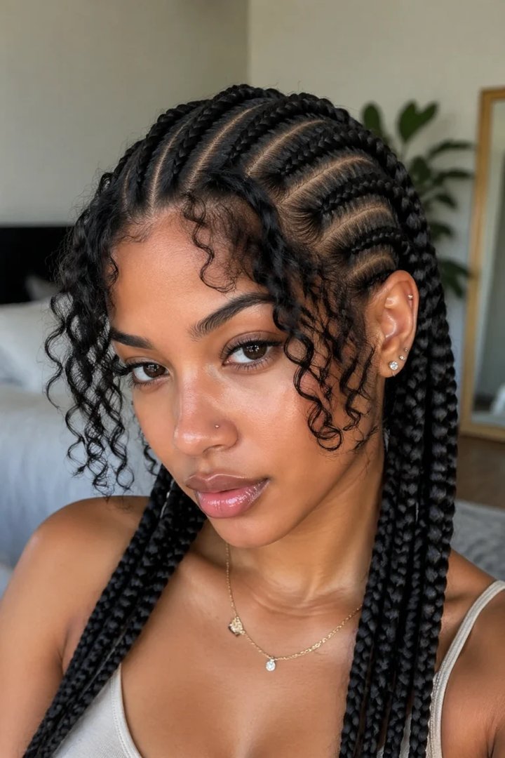 Knotless braids with curly bangs hairstyle