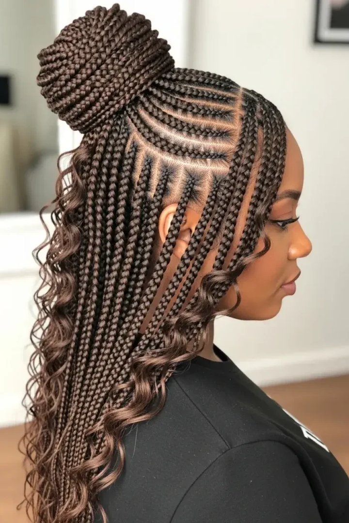 Top knot bun made from knotless braids