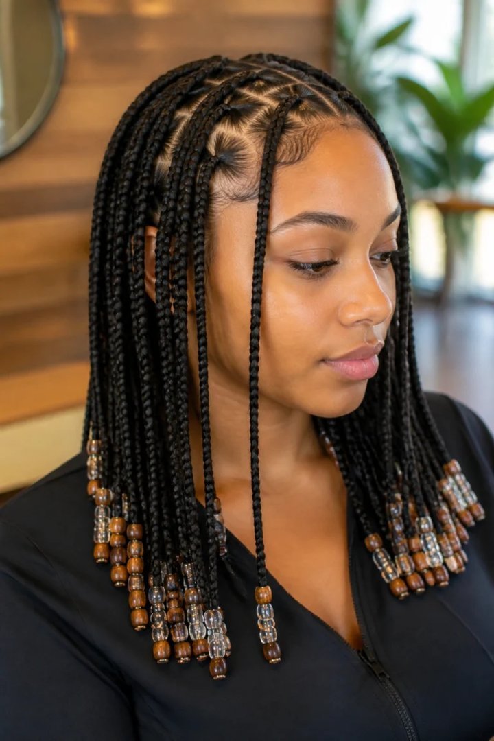 Knotless braids hairstyles with wooden beads