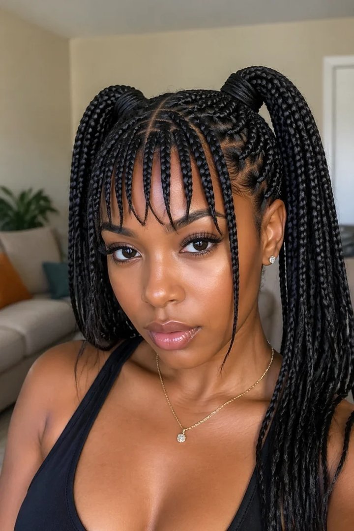 Two Dutch pigtail braids made from knotless braids