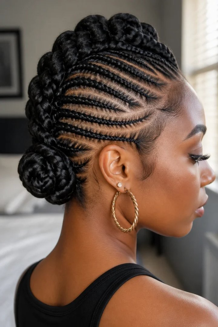 Braided mohawk updo made from knotless braids