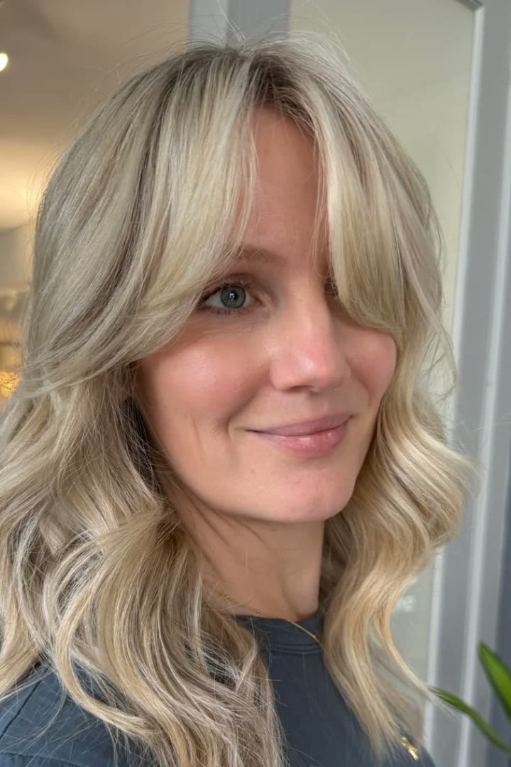 Bright blonde kitty cut with soft root shadow