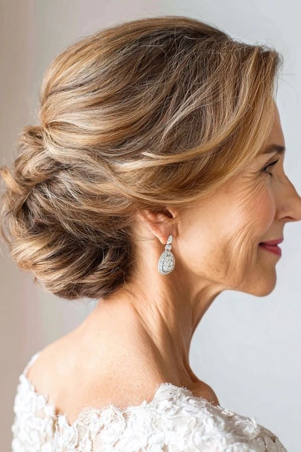 Mother of the bride with a classic low chignon, side profile in a lace dress