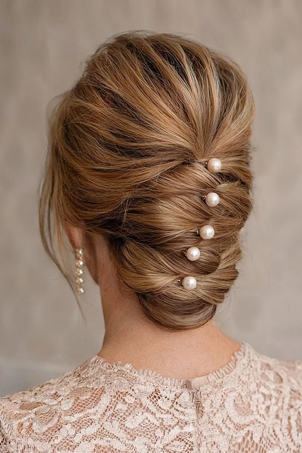 Classic French twist with pearl pins up the seam, back view — elegant mother of the bride hairstyles for women over 50