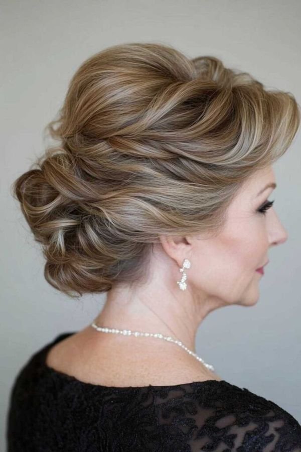 Soft curled updo on a mature woman in profile, black lace dress