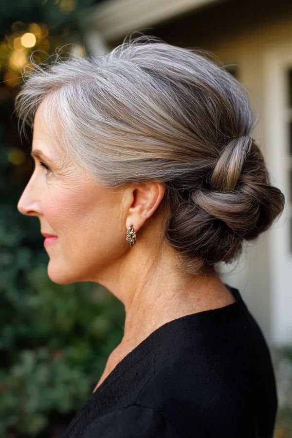 Silver twisted low bun on a mature woman, side profile