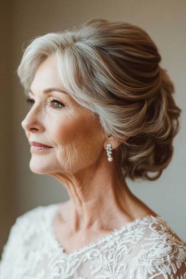 Side-swept low chignon on a mother of the bride in a white lace dress