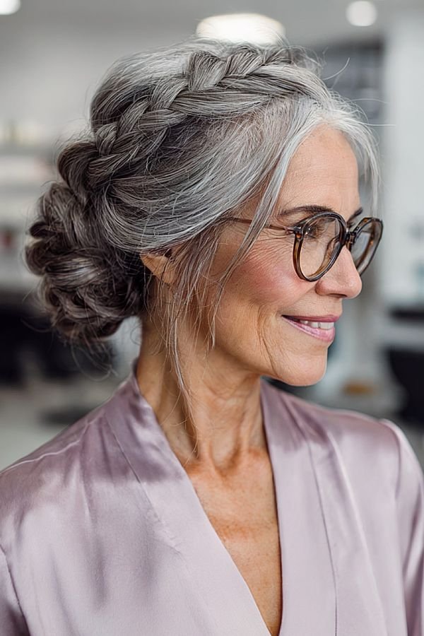 Crown braid into a low bun on a silver-haired woman wearing glasses