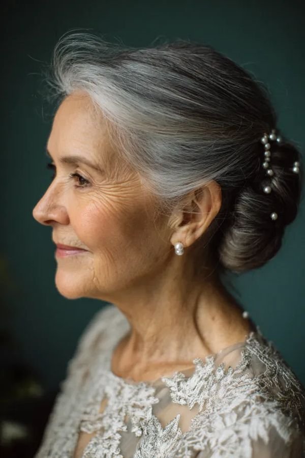 Grey low bun decorated with pearl pins, side profile