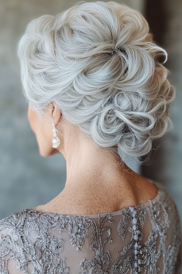 Sculpted silver curled updo, back view