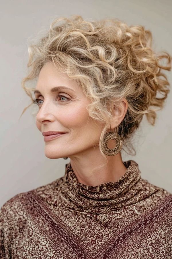 Curly pinned updo on a smiling older woman, front view