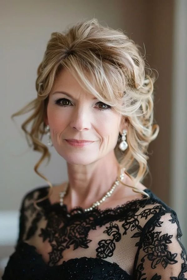 Half-up twisted crown hairstyle with curls on a mature woman