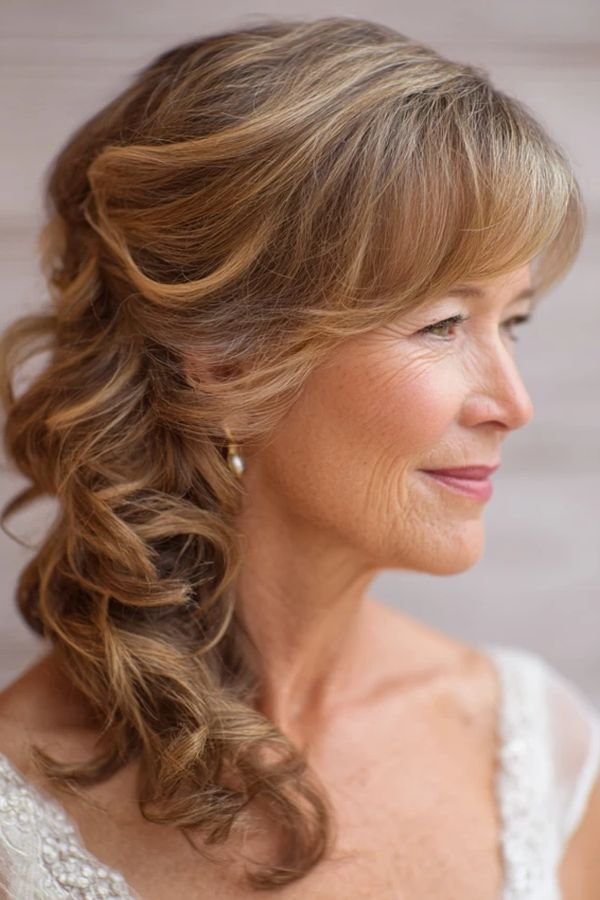Half-up half-down waves on a mother of the bride, side profile