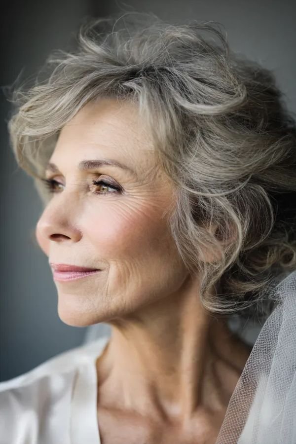 Soft silver waves worn down, side profile of an older woman