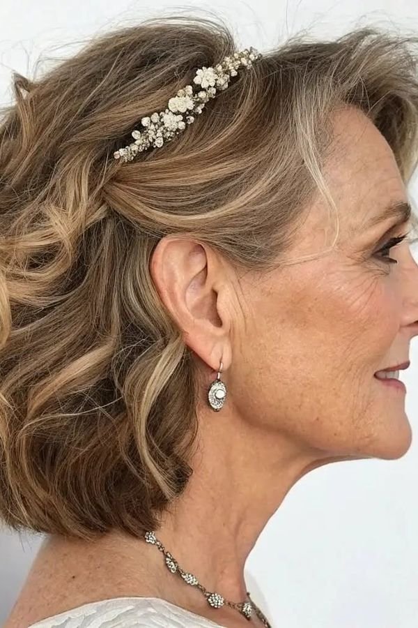 Wavy bob with a pearl headband on a mature woman, side profile