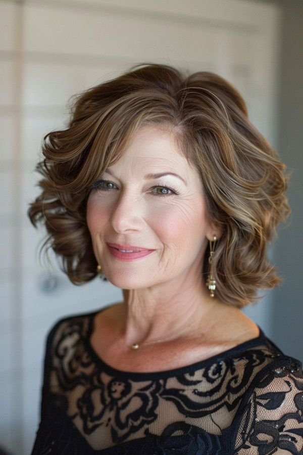 Wavy layered lob worn down on a mother of the bride in black lace