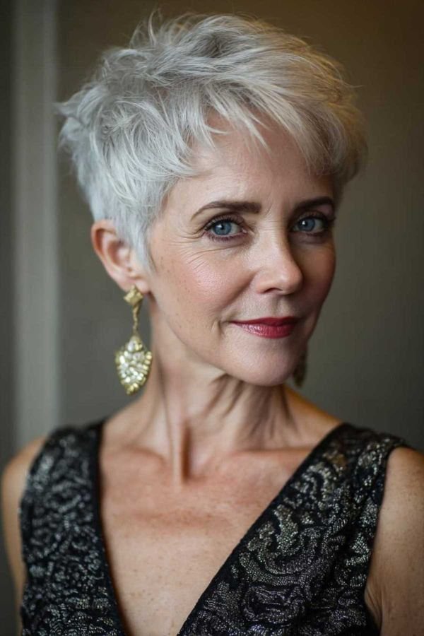 Polished silver pixie with statement earrings on an older woman