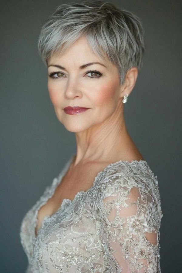 Sleek silver pixie cut on a mother of the bride in a lace gown