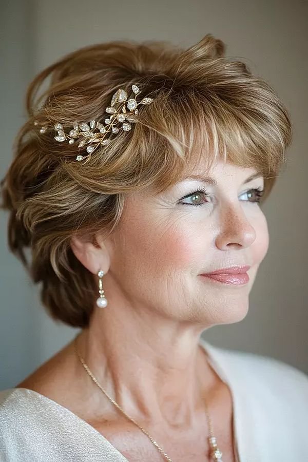 Short layered hairstyle with bangs and a gold leaf headband