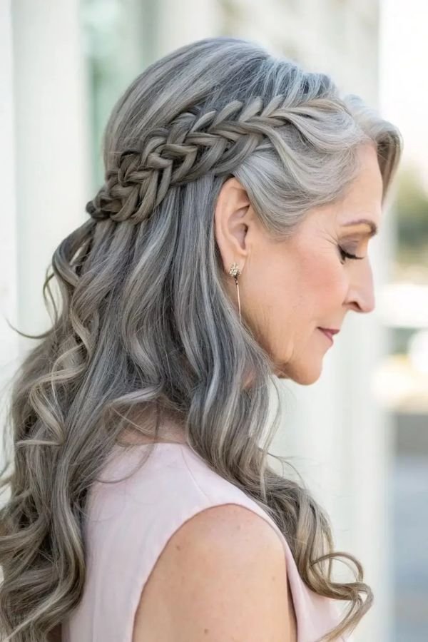 Long silver hair in a loose side braid, worn down