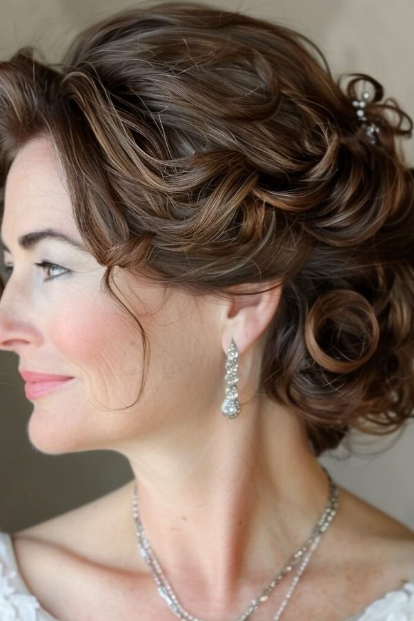 Vintage-style dark curled updo, side profile