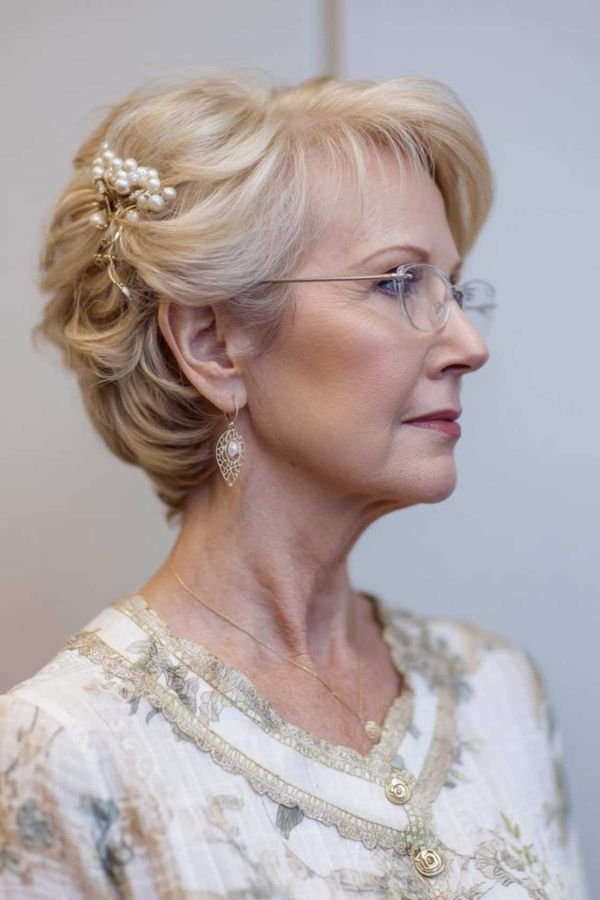Older woman wearing glasses with hair swept up and a floral pin, side profile