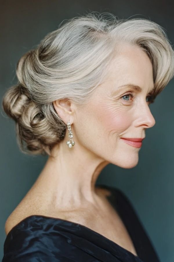 Elegant mother of the bride hairstyles for women over 50 — a silver-haired mother with a soft curled updo
