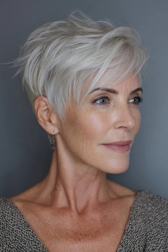 Messy pixie cut with wispy fringe for women over 50