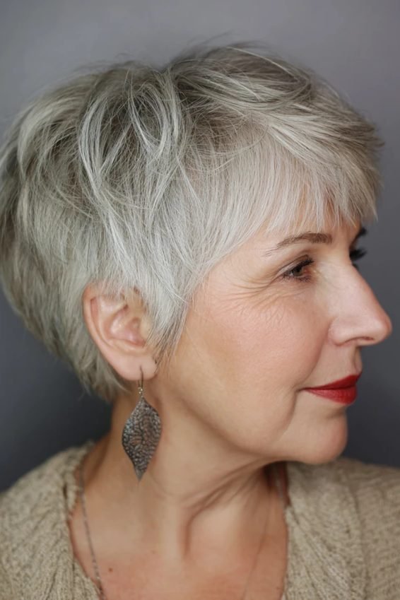 Messy pixie with side-swept bangs for women over 50
