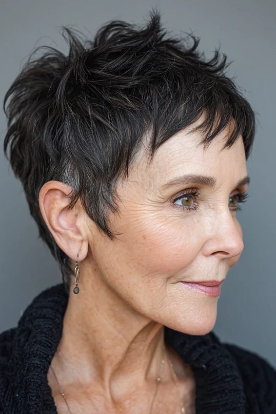 Messy pixie cut with jagged bangs for women over 50