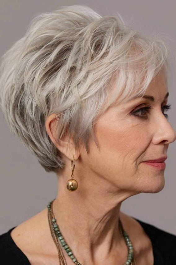 Messy pixie with curtain bangs for women over 50