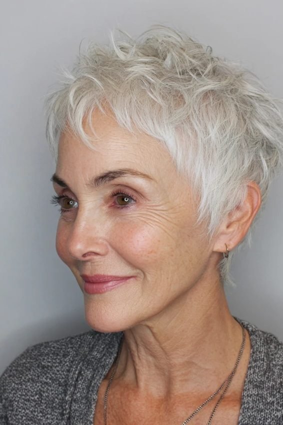 Messy pixie cut with micro fringe for women over 50