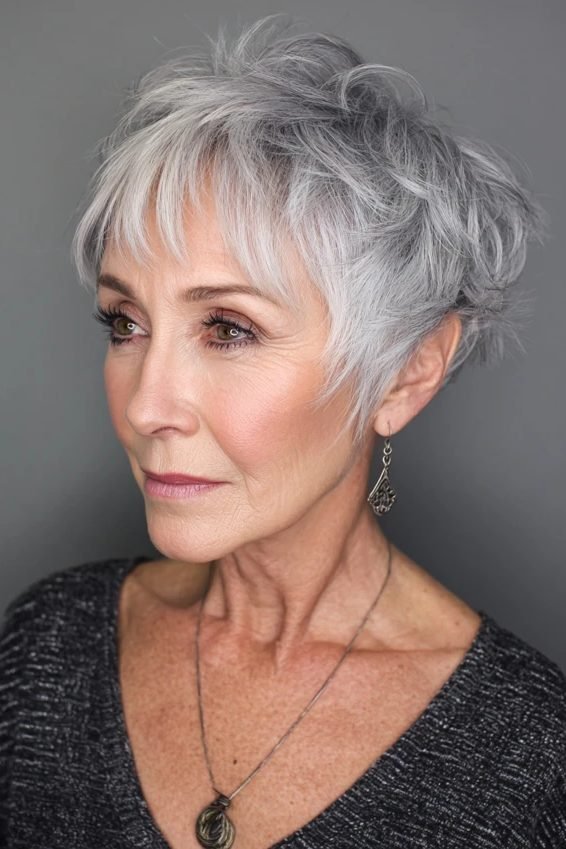 Messy pixie with long piece-y fringe for women over 50