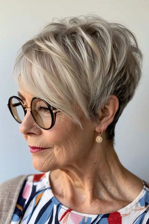 Messy pixie with wispy bangs for women over 50 wearing glasses