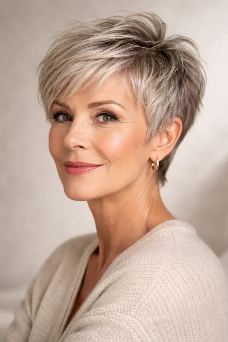 Messy pixie with asymmetrical fringe for women over 50