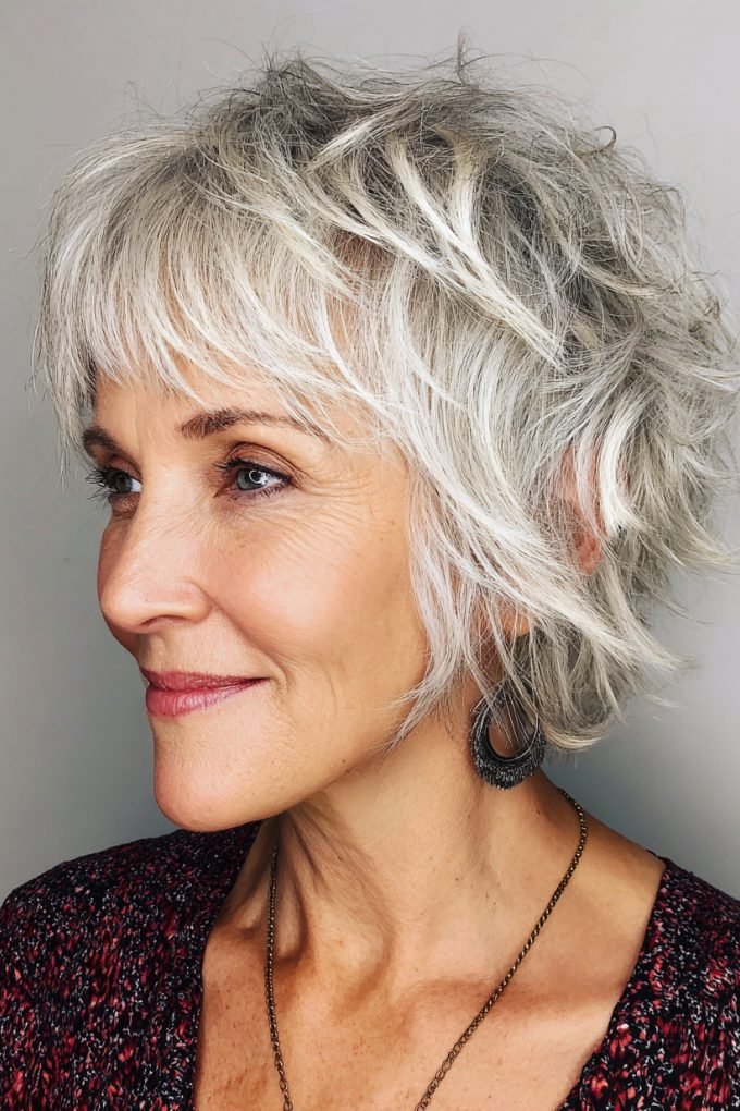 Messy pixie with feathered bangs for women over 50