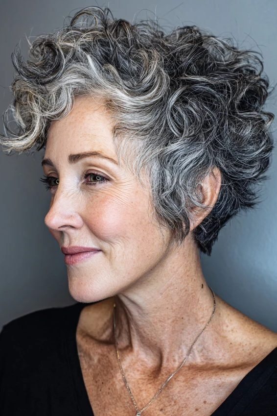 Silver messy pixie with tousled bangs for women over 50