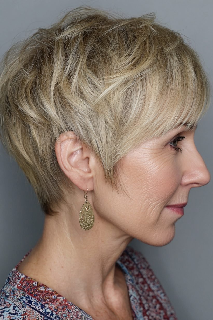 Choppy layered messy pixie for fine hair, women over 50