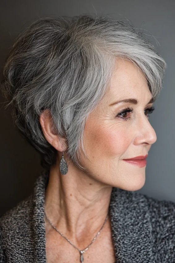 Piece-y defined messy pixie for women over 50