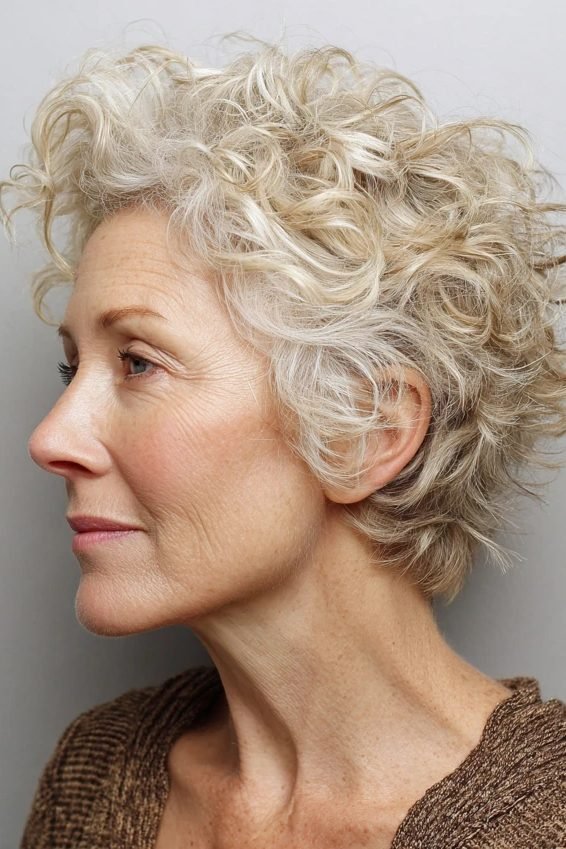 Curly messy pixie cut for women over 50