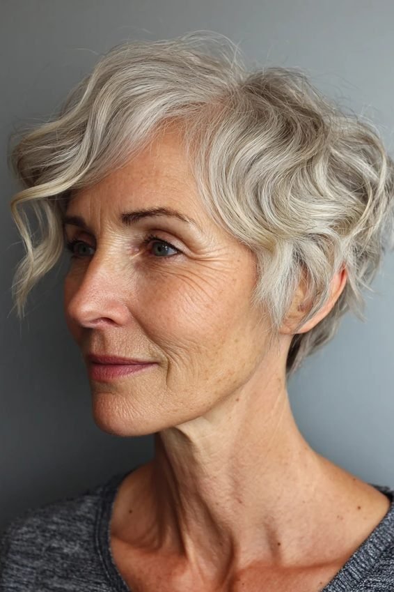 Wavy tousled messy pixie for women over 50