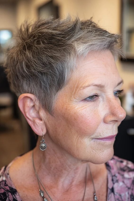 Gray-blended messy pixie for women over 50