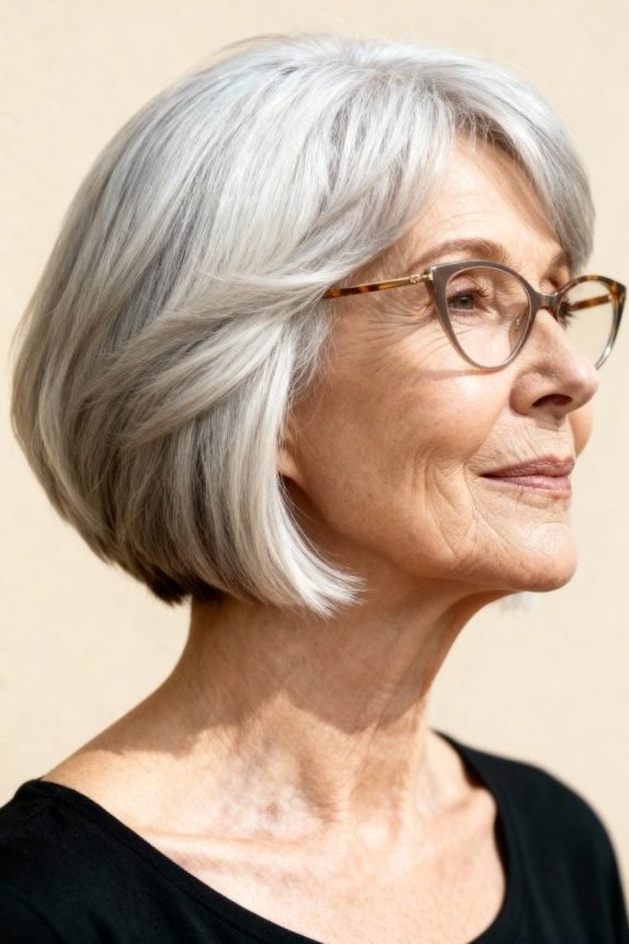 Messy pixie for women over 50 with statement glasses
